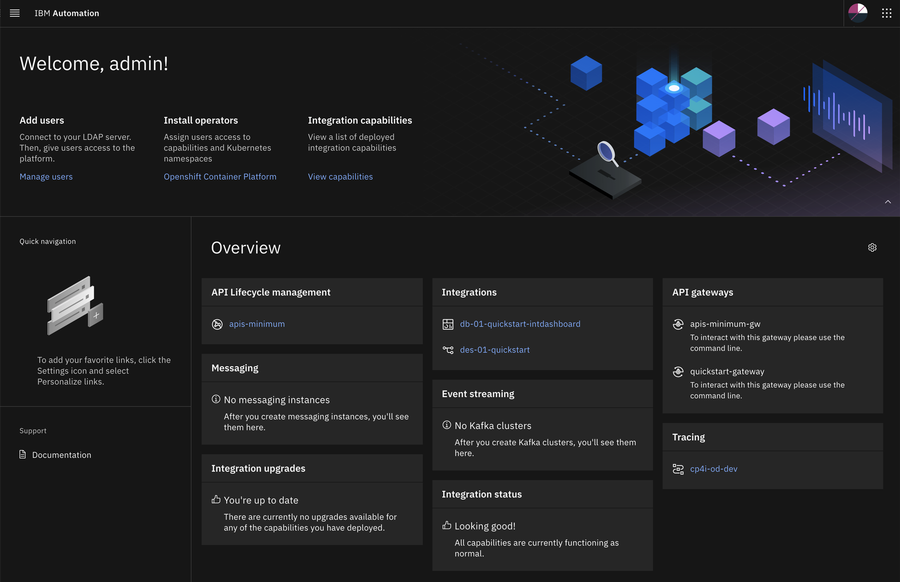 Az IBM Cloud Pak for Integration admin UI